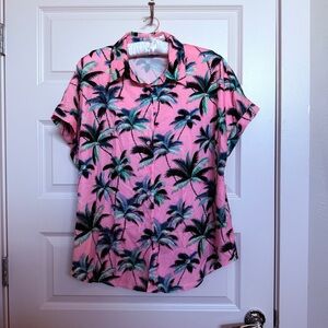 Zeagoo Pink Button-Down Shirt with Tropical Leaf Print